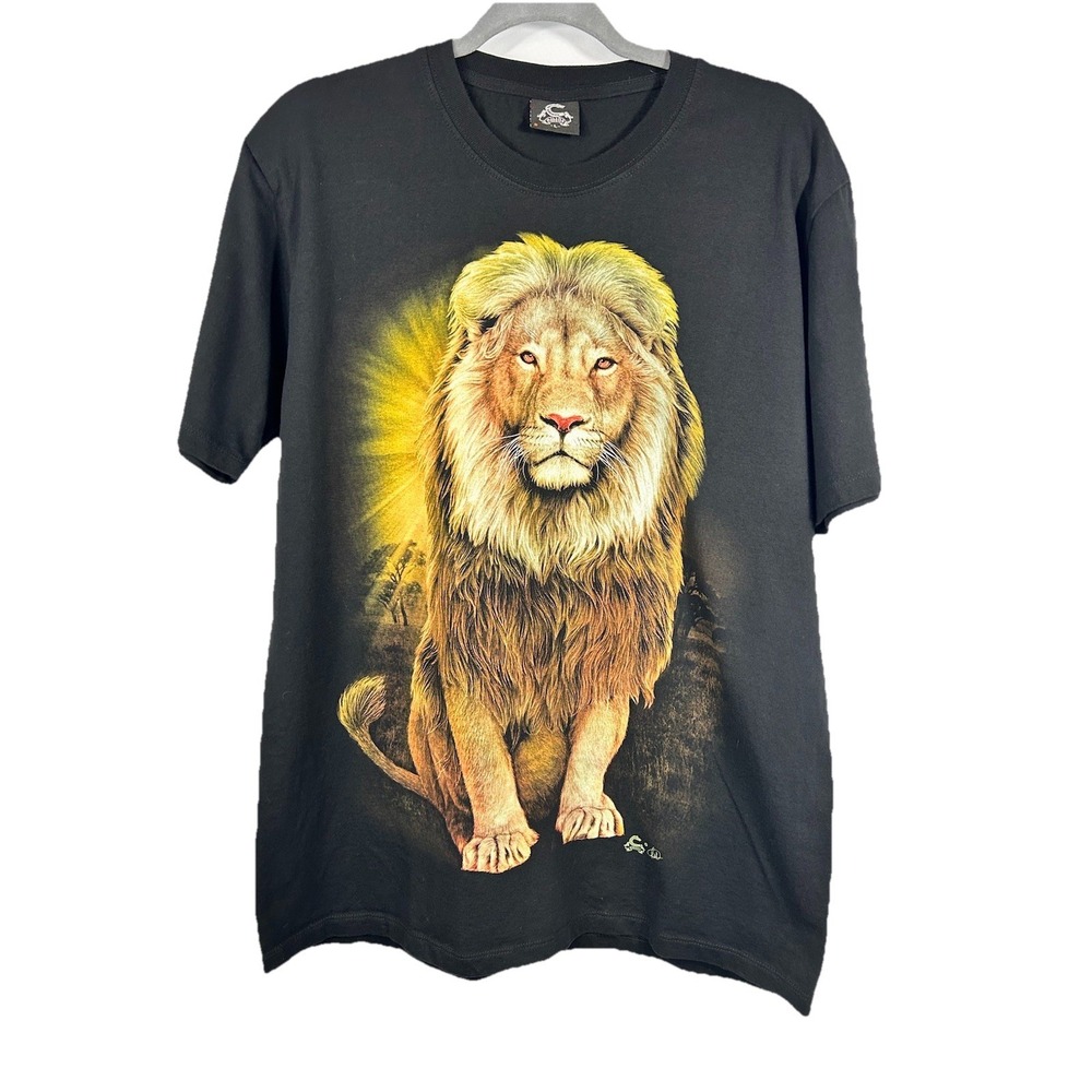 VTG Caballo Lion Graphic T-Shirt L‎ Black Double Sided Y2K Streetwear Big Cat